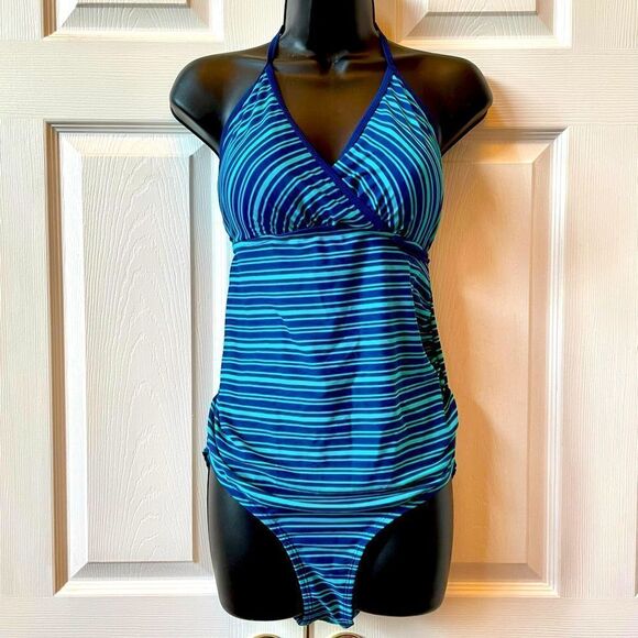 MOTHERHOOD MATERNITY ONE PIECE SWIMSUIT IN BLUE AND TEAL SIZE MEDIUM EUC - Picture 1 of 7